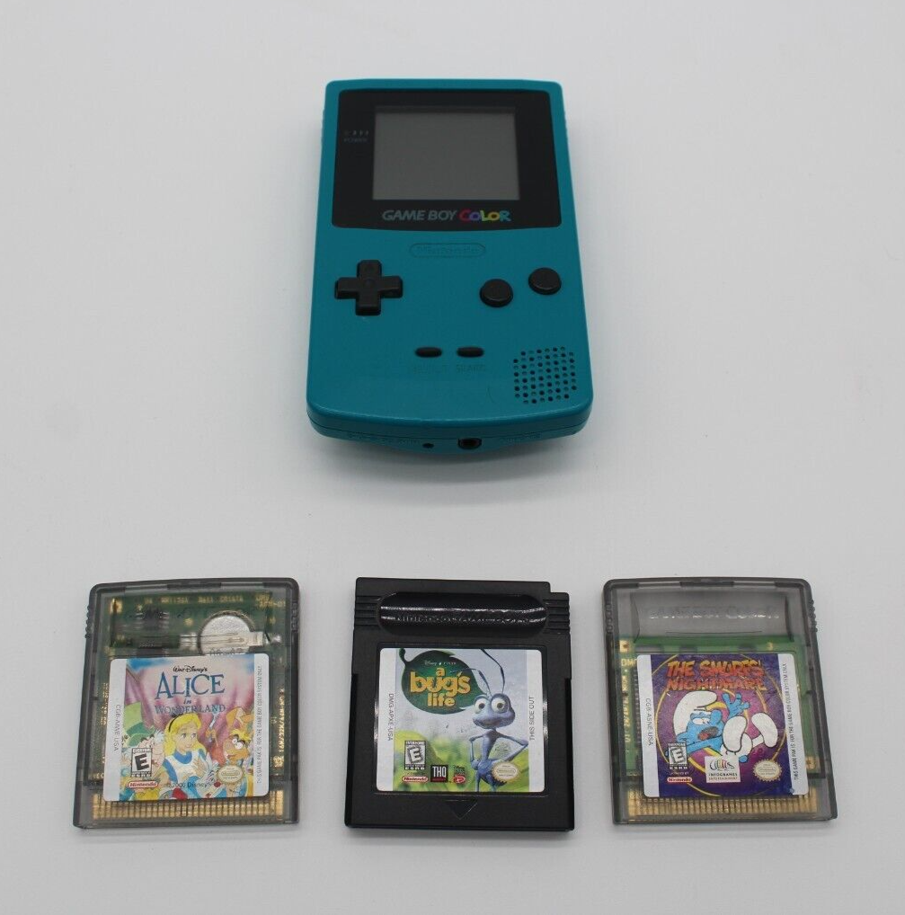 Nintendo Game Boy Color Teal Game Console Bundle with Lot of 3 Games Tested